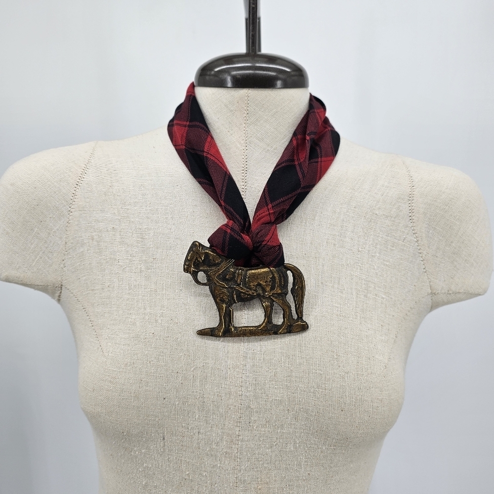 Vintage Brass Horse Medallion Buffalo Plaid Necklace Scarf